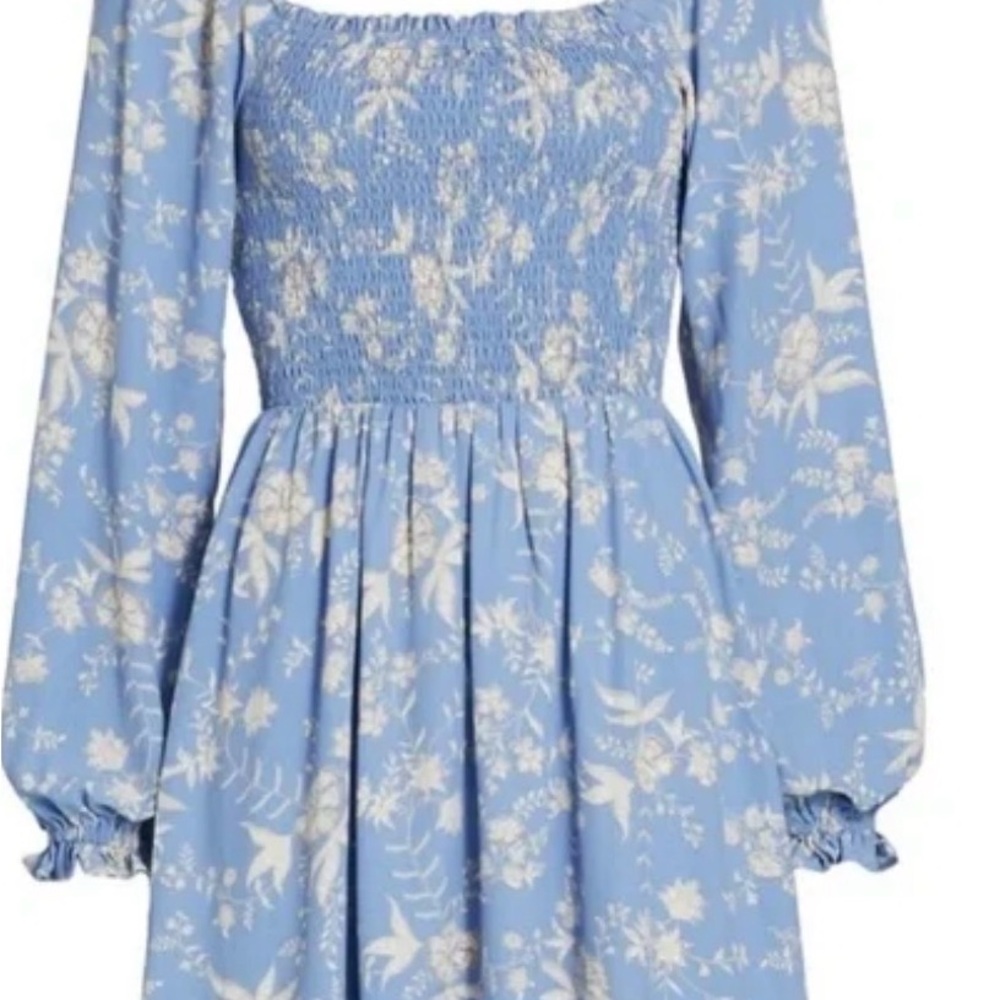 Wayf Blue Floral Smocked Puff Sleeve Dress